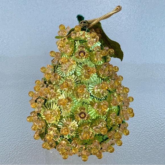 Mid-Century Modern Green and Gold Pear Push Pin Sequins Christmas Ornament - Picture 2 of 6
